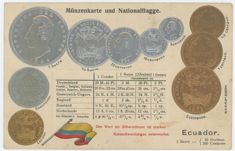 Ecuador Post Card "Coins of Ecuador" 1904 - 1937 (ND)
Ecuador Coinage Postcard;...