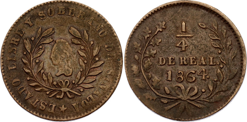 Mexico Sinaloa 1/4 Real 1864
KM# 363, N# 35068; Copper; "Quarto/Quartilla"; XF