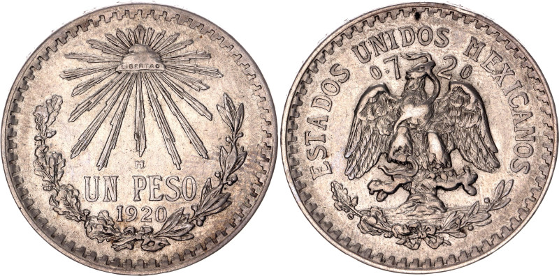 Mexico 1 Peso 1920 M
KM# 455, N# 4382; Silver 16.57 g.; Mexico Mint; XF