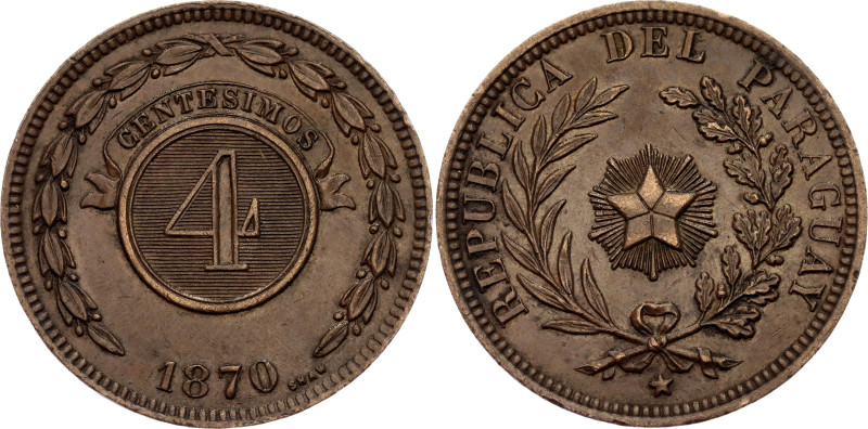 Paraguay 4 Centesimos 1870 SHAW
KM# 4.1, N# 18345; Copper; Heaton Mint; XF+