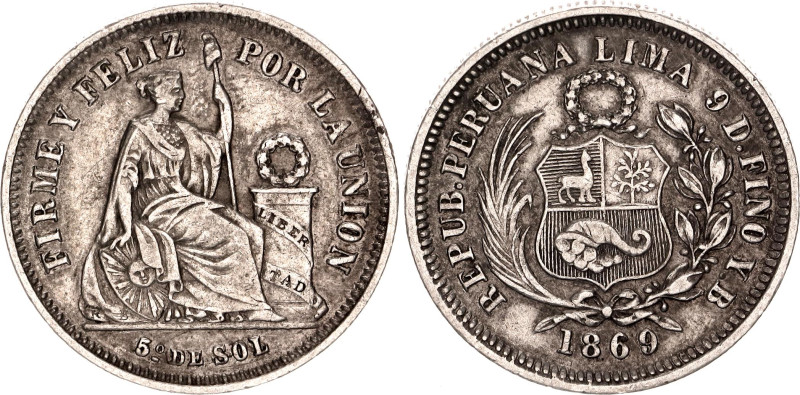 Peru 1/5 Sol 1869 YB
KM# 191, N# 13841; Silver 4.92 g.; Lima Mint; AUNC with a ...