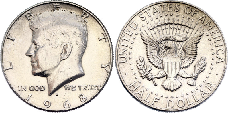 United States 1/2 Dollar 1968 D
KM# 202a, N# 10865; Silver 11.50 g.; "Kennedy H...