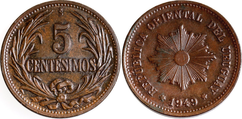 Uruguay 5 Centesimos 1949 So
KM# 21a, N# 5285; Copper; Santiago Mint; UNC; Red ...