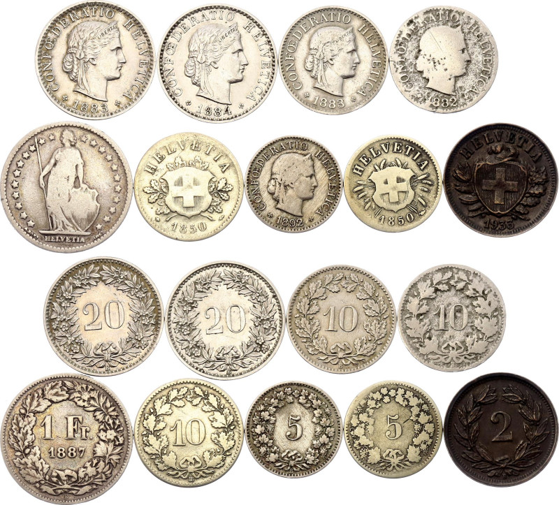 Switzerland Lot of 9 Coins 1850 - 1933
With Silver; Various Dates & Denominatio...