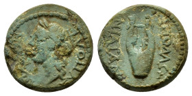 ILLYRIA. Apollonia.(Early-mid 1st century BC). Ae.

Obv : EYΠOLE ΖΕΝΟΦ.
Laureate head of Apollo left.

Rev : ΑΠΟΛΛΩNIATAN.
Lyre.

Condition : Good ver...