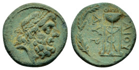 ILLYRIA. Dyrrhachion.(Early-mid 1st century BC). Ae.

Obv : Laureate head of Zeus right.

Rev : ΓAIOY ΔYΡ.
Tripod within wreath.

Condition : G...