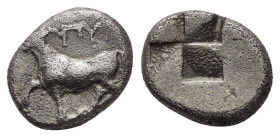 THRACE.Byzantion.(Circa 340-320 BC).1/5 Stater.

Obv : ΠY.
Bull standing left on dolphin.

Rev : Quadripartite millsail incuse.
SNG BM Black Sea 36-41...