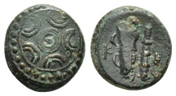 KINGS of MACEDON. Alexander III ‘the Great’.( 336-323 BC).Ae.

Obv : Macedonian shield.

Rev : Bow-case and club; K in left field; grape bunch in righ...