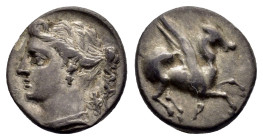 CORINTHIA.Corinth.(Circa 350-300 BC). AR Drachm.

Obv : Head of Aphrodite left; T behind.

Rev : Pegasos flying right; P below.
BCD 165.

Condi...