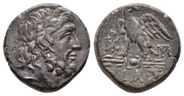 BITHYNIA. Dia.(Circa 85-65 BC).Ae.

Obv : Laureate head of Zeus to right.

Rev : ΔΙΑΣ.
Eagle standing left on thunderbolt, head right; monograms to le...