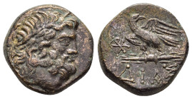 BITHYNIA. Dia.(Circa 85-65 BC).Ae.

Obv : Laureate head of Zeus to right.

Rev : ΔΙΑΣ.
Eagle standing left on thunderbolt, head right; monograms to le...