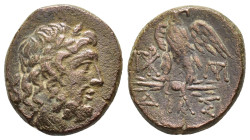 BITHYNIA. Dia.(Circa 85-65 BC).Ae.

Obv : Laureate head of Zeus to right.

Rev : ΔΙΑΣ.
Eagle standing left on thunderbolt, head right; monograms ...