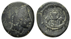 BITHYNIA.Kios.(Circa 325-300 BC).Ae. 

Obv : Head of Mithras right, wearing a laureate tiarra.

Rev : K-I-A, kantharos with two grape vines; within wr...
