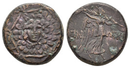 PAPHLAGONIA. Sinope. Struck under Mithradates VI (Circa 105-90 or 90-85 BC). Ae.

Obv : Aegis with gorgoneion.

Rev : ΣΙΝΩΠΗΣ.
Nike advancing right, h...