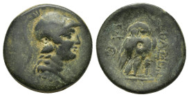 CILICIA. Soloi.(200-100 BC).Ae.

Obv : Helmeted head of Athena right.

Rev : ΣOΛEΩN.
Owl standing facing; two monograms in left field.
SNG France 1207...