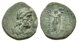 SELEUKID KINGS of SYRIA. Antiochos IV (175-164 BC).Ae.

Obv : Bust of Zeus Labraundeus right, spear over shoulder. 

Rev : ΒΑΣΙΛΕΩΣ ΑΝΤΙΟΧΟΥ.
Nike sta...