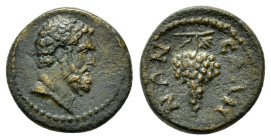 LYDIA. Sala. Pseudo-autonomous (3rd century ). Ae.

Obv : Bearded head of Herakles right.

Rev : СΑΛΗΝΩΝ.
Grape bunch.
SNG Copenhagen 433-4; BMC 24.( ...
