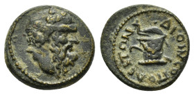 PHRYGIA.Dionysopolis. Pseudo-autonomous. Time of Hadrian(117-138). Ae.

Obv : Head of Silenus crowned with ivy-leaves and berries right.

Rev : ΔΙ...