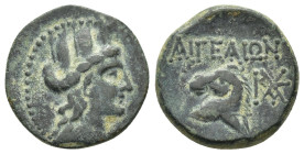 CILICIA.Aegeae.Pseudo-autonomous.Time of Domitian.(81-96). Ae.

Obv : Bust of Tyche right.

Rev : ΑΙΓΕΑΙΩΝ.
Head of horse left.
SNG Levante 1635; SNG ...