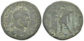 CILICIA.Tarsus. Macrinus.( 217-218).Ae. 

Obv : Laureate, draped, and cuirassed bust right, seen from behind; small statue of Apollo Lyceius in right ...