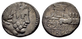 L. RUBRIUS DOSSENUS.(87 BC).Rome.Denarius.

Obv : DOSSEN.
Laureate head of Jupiter right, with sceptre over shoulder.

Rev : L RVBRI.
Triumphal chario...