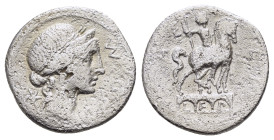 MN. AEMILIUS LEPIDUS. (114-113 BC).Rome.Denarius.

Obv : ROMA.
Laureate, diademed, and draped bust of Roma right; mark of value to left.

Rev : MAN AE...