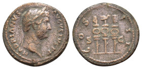 HADRIAN.(117-138).Rome.Semis.

Obv : HADRIANVS AVGVSTVS.
Head of Hadrian, laureate, right.

Rev : COS III S C.
Eagle between two standards.
RIC II 689...