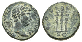 HADRIAN.(117-138).Rome.Semis.

Obv : HADRIANVS AVGVSTVS.
Head of Hadrian, laureate, right.

Rev : COS III S C.
Eagle between two standards.
RIC II 689...