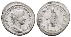 GORDIAN III.(238-244). Rome.Antoninianus.

Obv : IMP CAES M ANT GORDIANVS AVG.
Bust of Gordian III, radiate, draped, cuirassed, right.

Rev : P M TR P...