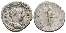 GORDIAN III.(238-244). Rome.Antoninianus.

Obv : IMP GORDIANVS PIVS FEL AVG.
Bust of Gordian III, radiate, draped, cuirassed, right.

Rev : AETERNITAT...