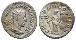 PHILIP I.(244–249).Antioch.Antoninianus.

Obv : IMP M IVL PHILIPPVS AVG.
Radiate and cuirassed bust left.

Rev : P M TR P IIII COS II P P.
Felicitas s...