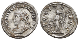 PHILIP II (244-247).Antioch.Antoninianus.

Obv : IMP M IVL PHILIPPVS AVG.
Radiate, draped bust left.

Rev : AEQVITAS AVG.
Aequitas standing left with ...