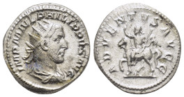 PHILIP II.(247-249).Antioch.Antoninianus.

Obv : IMP M IVL PHILIPPVS AVG.
Radiate, draped, and cuirassed bust right .

Rev : ADVENTVS AVGG.
Philip II ...