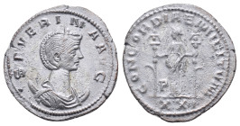 SEVERINA.(270-275).Ticinum.Antoninianus.

Obv : SEVERINA AVG.
Diademed, draped bust, on crescent, right.

Rev : CONCORDIAE MILITVM.
Concordia, draped,...