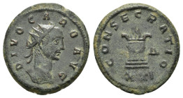 DIVUS CARUS (Died AD 283). Antoninianus. Antioch.

Obv : DIVO CARO AVG.
Radiate head right.

Rev : CONSECRATIO / Δ//XXI.
Altar.
RIC 127.

Con...