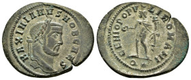 GALERIUS (Caesar, 293-305).Rome.Follis. 

Obv : MAXIMIANVS NOBIL C.
Laureate and cuirassed bust right.

Rev : GENIO POPVLI ROMANI / Q*.
Genius standin...