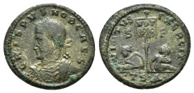 CRISPUS.(316-326).Thessalonica.Follis.

Obv : CRISPVS NOB CAES, laureate, draped and cuirassed bust to left .

Rev : VIRTVS EXERCIT, vexillum inscribe...