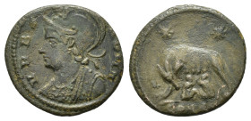 CONSTANTINE I.Commemorative Series.(330-354).Follis.

Obv : VRBS ROMA.
Helmeted and mantled bust of Roma to left.

Rev : CONSE.
She wolf standing left...