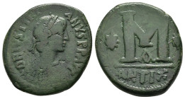 JUSTINIAN I (527-565).Antioch.Follis. 

Obv : D N ISTINISAVN P P AVG Ƨ.
Diademed, draped, and cuirassed bust right.

Rev : Large M; star to left and r...