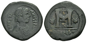 JUSTINIAN I (527-565). Theoupolis (Antioch). Follis.

Obv : D N IVSTINIANVS P P AVG.
Diademed, draped and cuirassed bust right.

Rev : Large M; star t...
