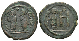 MAURICE TIBERIUS with CONSTANTIA and THEODOSIUS.(582-602).Cherson.Follis.

Obv : XЄPCωNOC.
Maurice and Constantina standing facing, nimbate, holdin...
