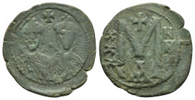 LEO III and CONSTANTINE VI.(717-741).Constantinople .Ae.

Obv : LЄON S CON.
Facing busts of Leo III and Constantine V each wearing crown and chlamys a...