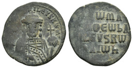CONSTANTINE VII with ROMANUS I.(913-959).Constantinople.Follis.

Obv : + RωMAҺ ЬASILЄVS RωM.
Crowned facing bust of Romanus, holding globus cruciger a...