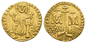 ROMANUS I.(920-944).Constantinople.Solidus.

Obv : IhS XPS REX REGNANTIYM.
Christ enthroned facing, wearing pallium and colobium, raising right han...