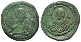 ROMANUS IV.(1068-1071).Anonymous Class G.Constantinople.Follis.

Obv : Bust of Christ facing with nimbate cross, pallium and colobium, and raising rig...