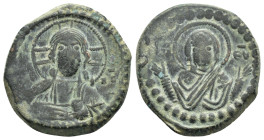 ROMANUS IV.(1068-1071).Anonymous Class G.Constantinople.Follis.

Obv : Bust of Christ facing with nimbate cross, pallium and colobium, and raising rig...