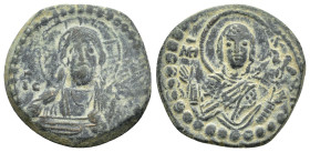 ROMANUS IV.(1068-1071).Anonymous Class G.Constantinople.Follis.

Obv : Bust of Christ facing with nimbate cross, pallium and colobium, and raising rig...