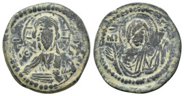 ROMANUS IV.(1068-1071).Anonymous Class G.Constantinople.Follis.

Obv : Bust of Christ facing with nimbate cross, pallium and colobium, and raising rig...