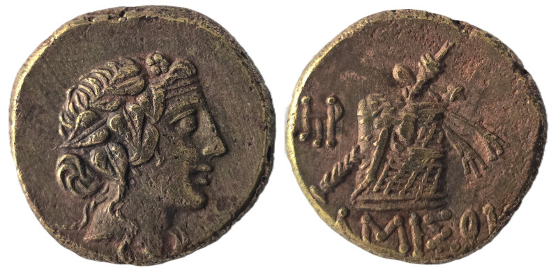 Pontos, Amisos. Time of Mithradates VI Eupator (ca 85-65 BC) AE
Obv: Head of Di...