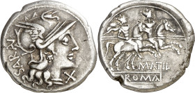 (hacia 148 a.C.). Gens Atilia. Denario. (Bab. 8) (Craw. 214/1c). 3,78 g. MBC.